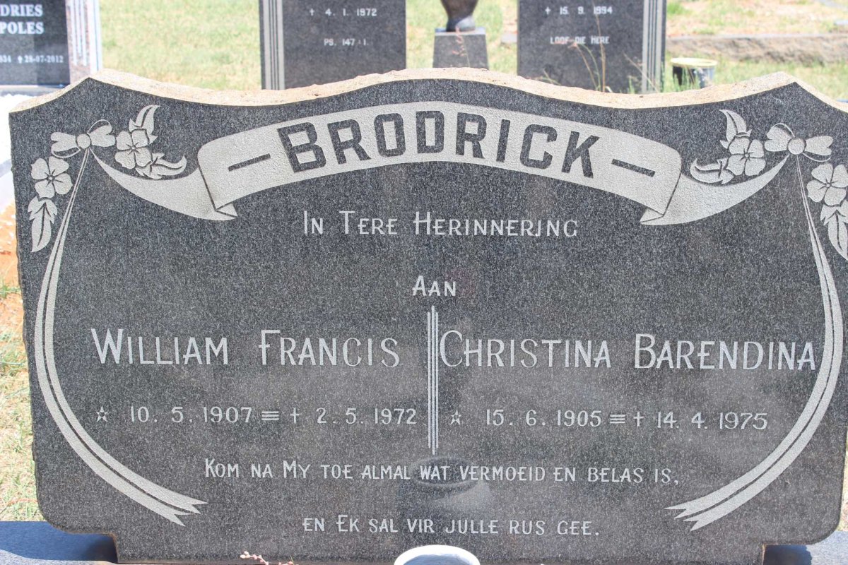 BRODRICK William Francis 1907-1972 &amp; Christina Barendina 1905-1975