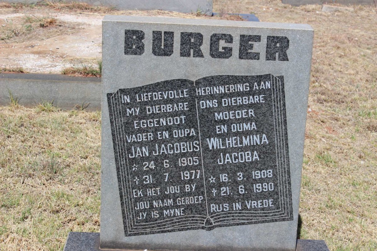 BURGER Jan Jacobus 1905-1977 &amp; Wilhelmina Jacoba 1908-1990