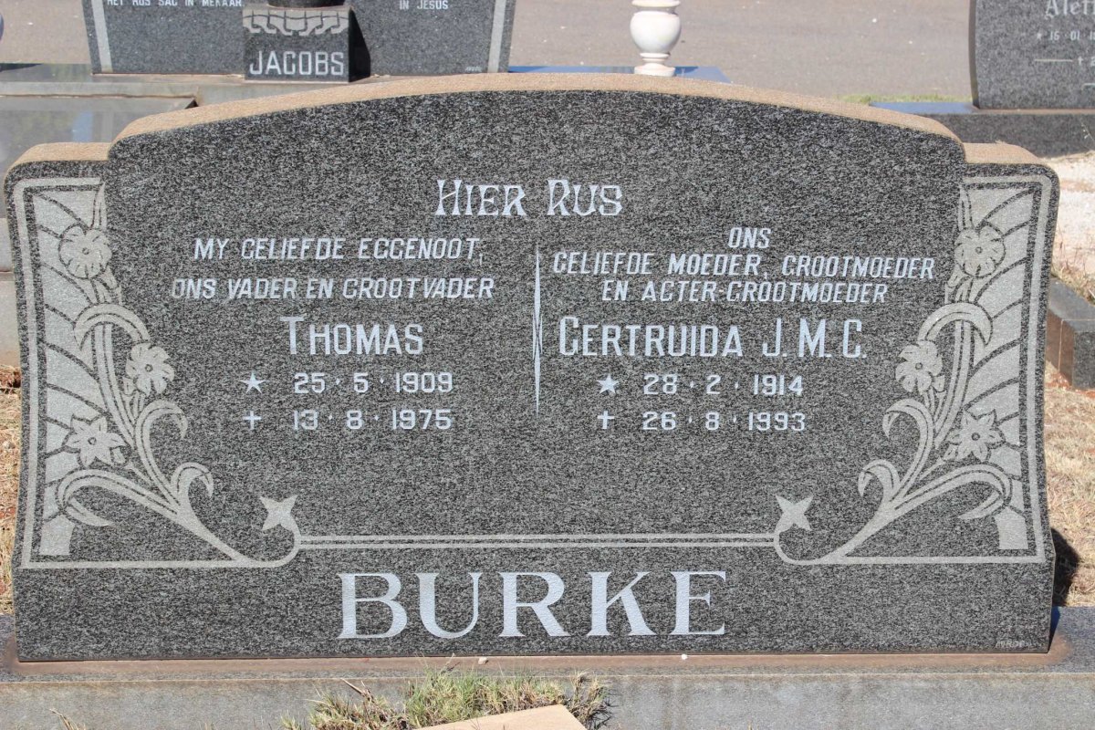 BURKE Thomas 1909-1975 &amp; Gertruida J.M.C. 1914-1993