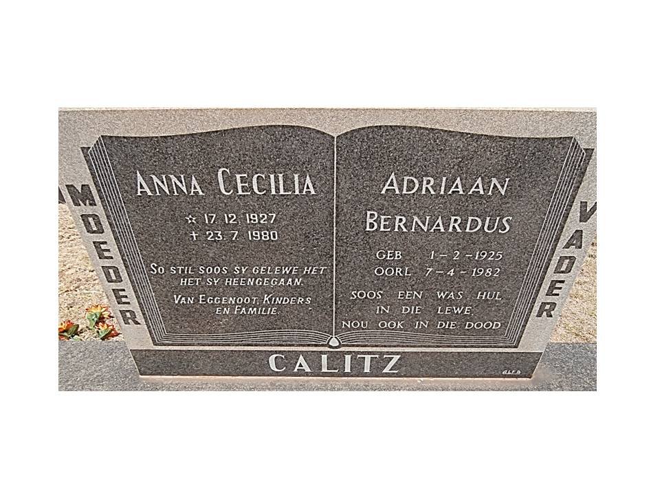 CALITZ Adriaan Bernardus 1925-1982 &amp; Anna Cecilia 1927-1980