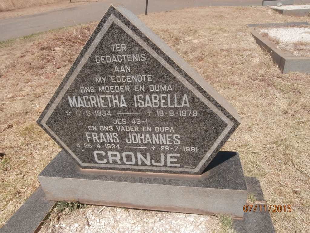 CRONJE Frans Johannes 1934-1991 &amp; Magrietha Isabella 1934-1979