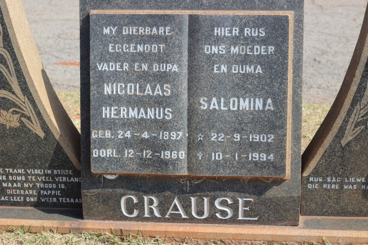 CRAUSE Nicolaas Hermanus 1897-1960 &amp; Salomina 1902-1994
