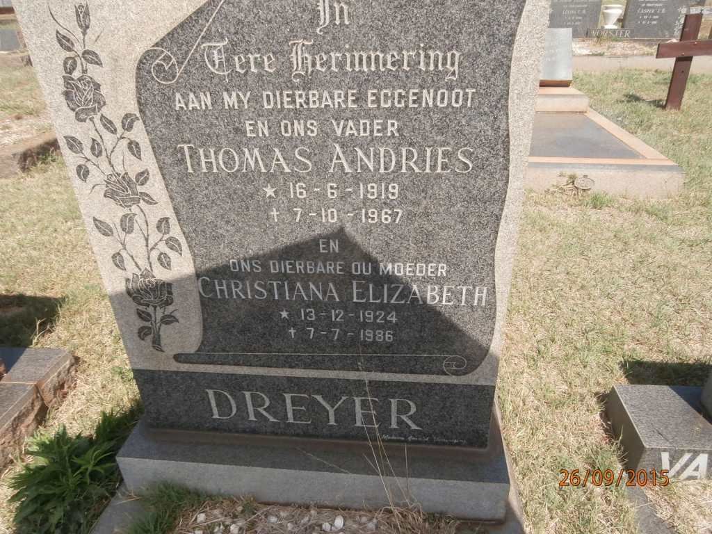 DREYER Thomas Andries 1919-1967 &amp; Christiana Elizabeth 1924-1986