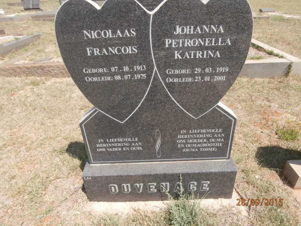 DUVENAGE Nicolaas Francois 1913-1975 &amp; Johanna Petronella Katrina 1919-2001