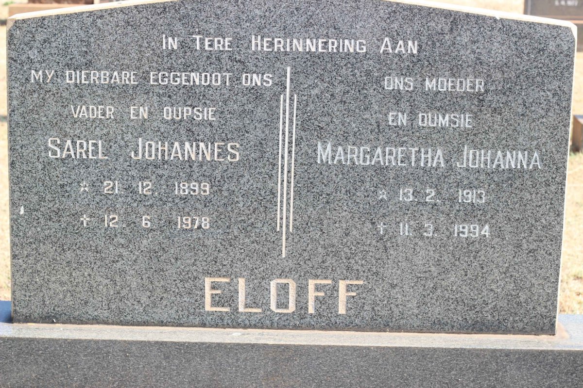 ELOFF Sarel Johannes 1899-1978 &amp; Margaretha Johanna 1913-1994