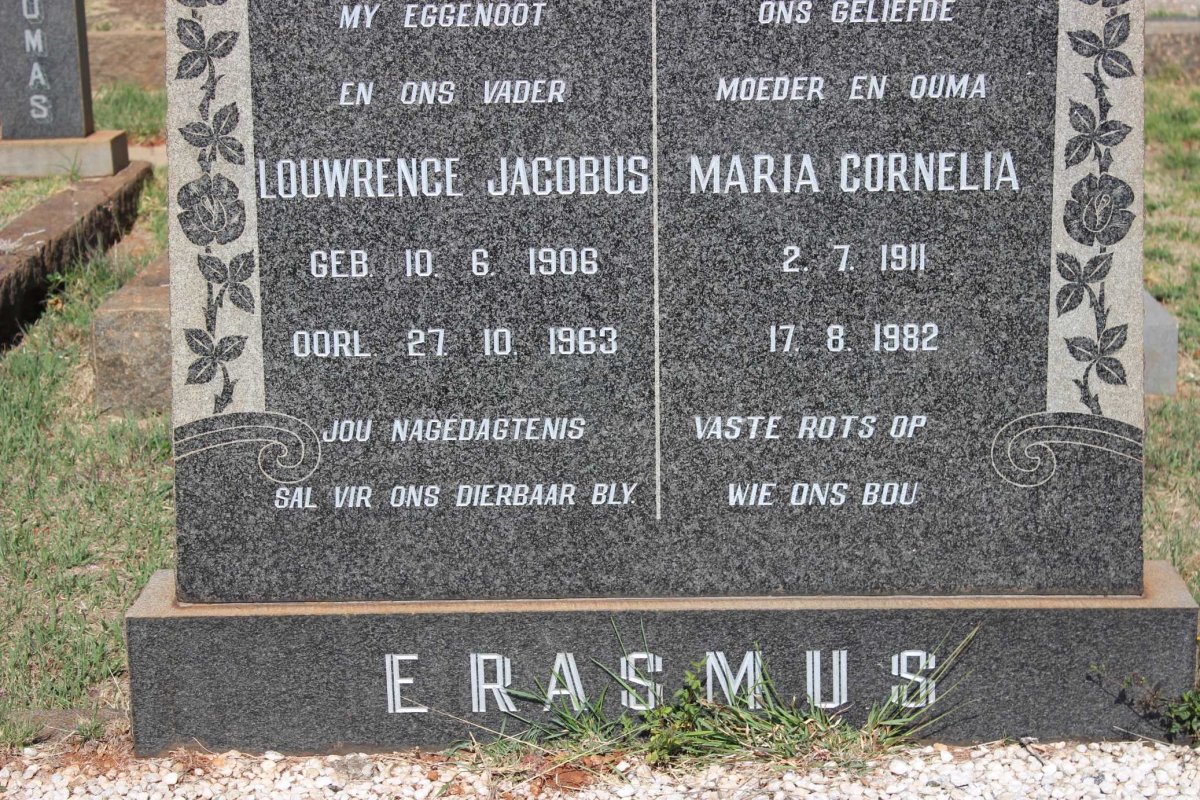 ERASMUS Louwrence Jacobus 1906-1963 &amp; Maria Cornelia 1911-1982