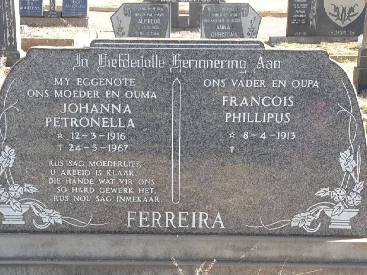 FERREIRA Francois Phillipus 1913- &amp; Johanna Petronella 1916-1967