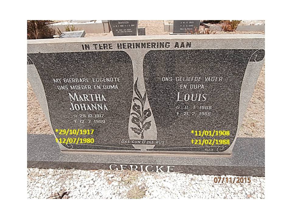 GERICKE Louis 1908-1988 &amp; Martha Johanna 1917-1980