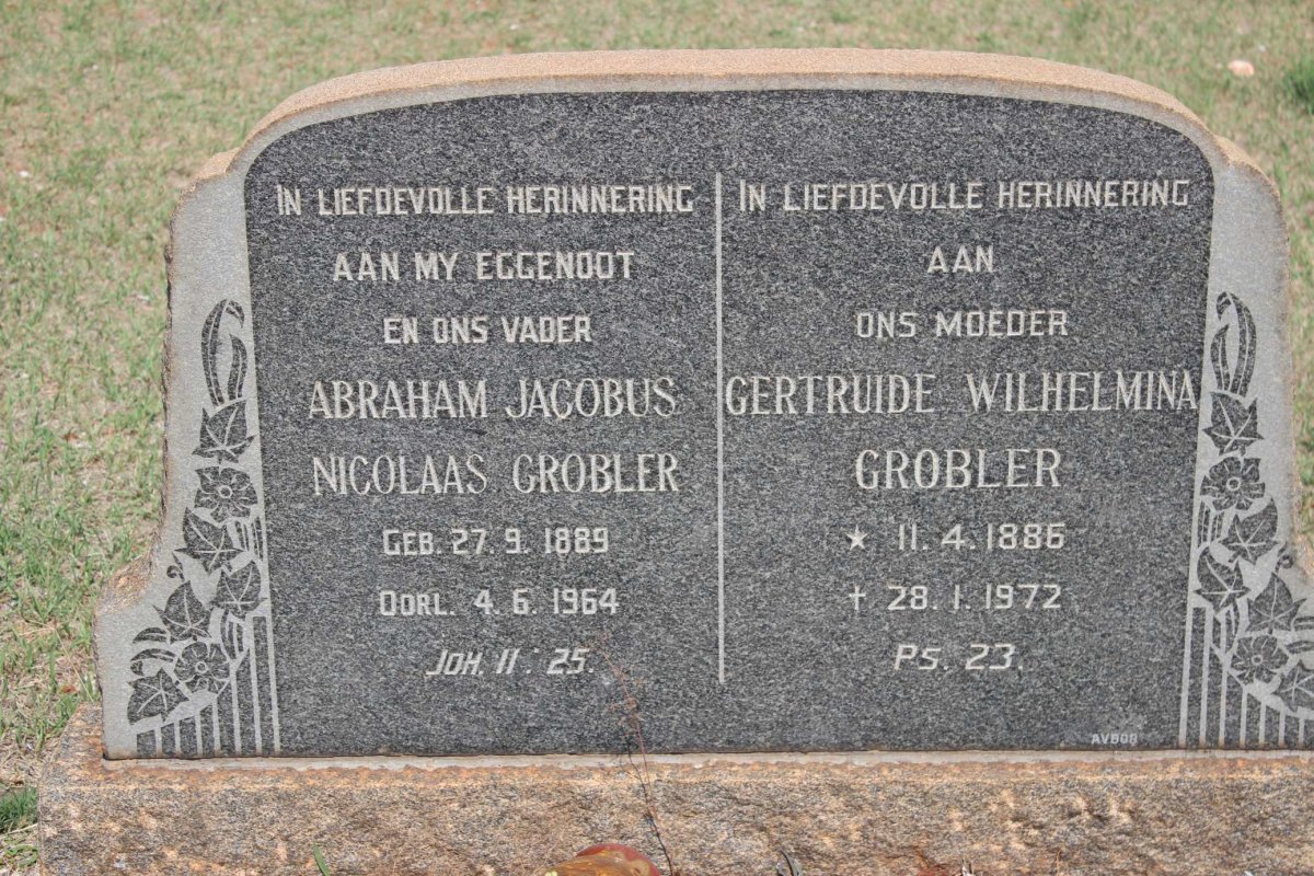 GROBLER Abraham Jacobus Nicolaas 1889-1964 &amp; Gertruide Wilhelmina 1885-1972
