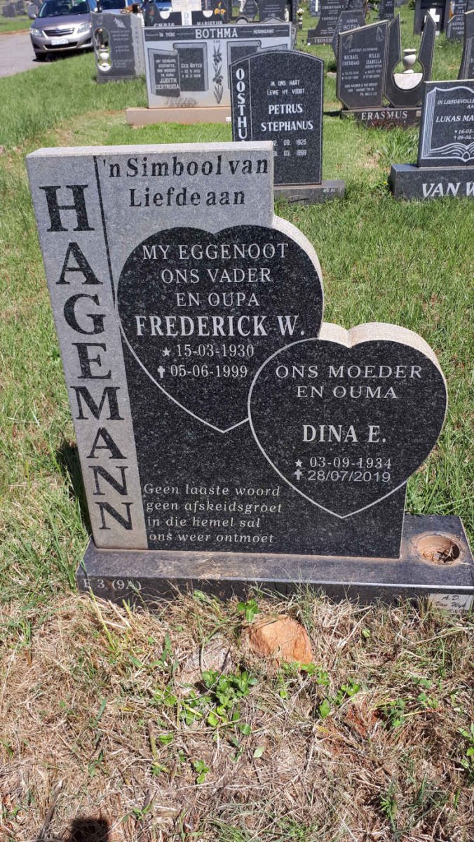 HAGEMANN Frederick W. 1930-1999 &amp; Dina E. 1934-2019