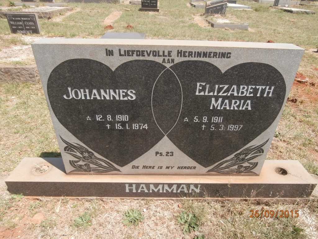HAMMAN Johannes 1910-1974 &amp; Elizabeth Maria 1911-1997