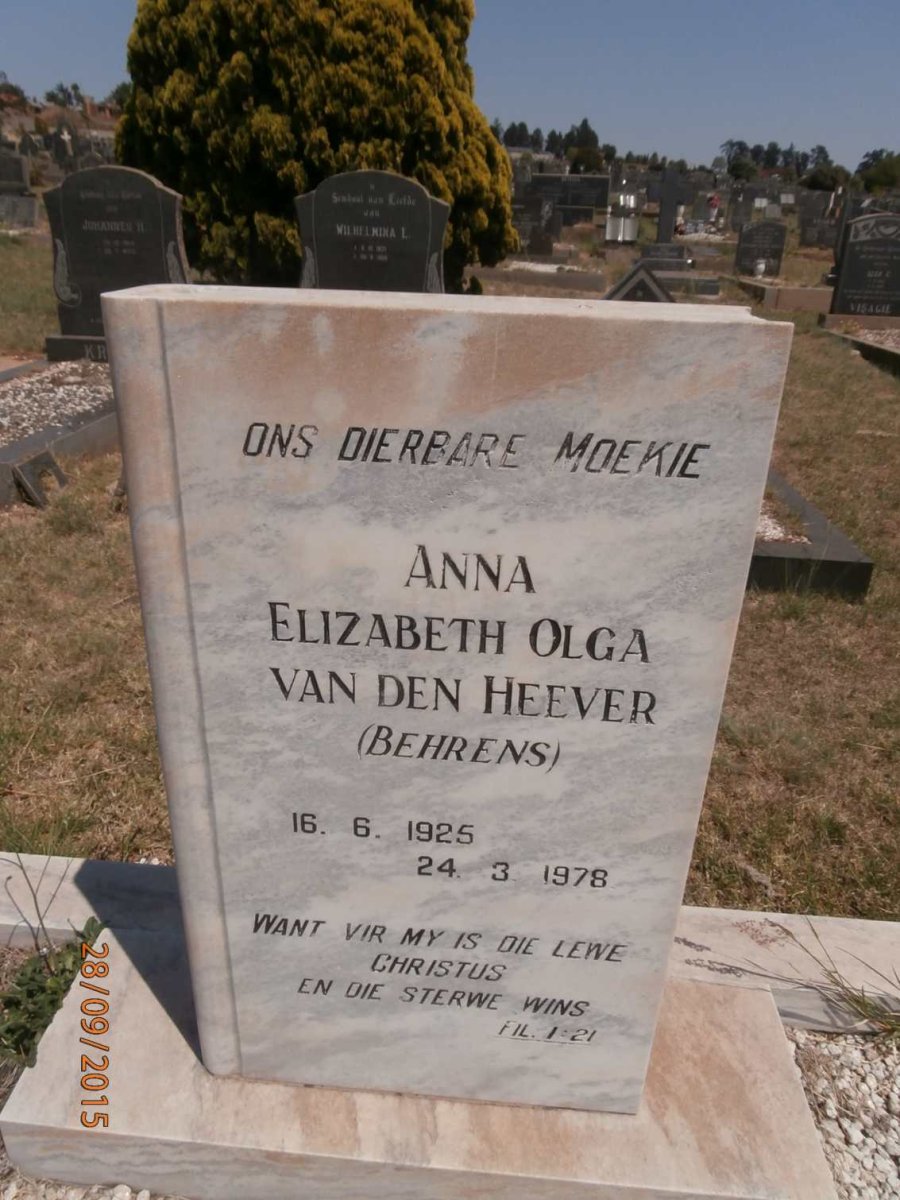 HEEVER Anna Elizabeth Olga, van den nee BEHRENS 1925-1978