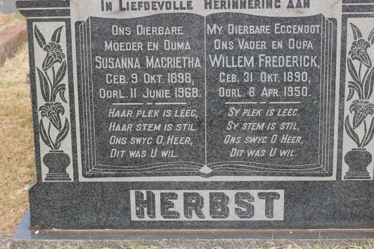 HERBST Willem Frederick 1890-1950 &amp; Susanna Magrietha 1898-1968