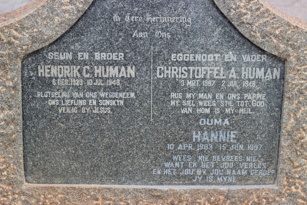 HUMAN Christoffel A. 1897-1948 &amp; Hannie 1903-1997 :: HUMAN Hendrik C. 1929-1948