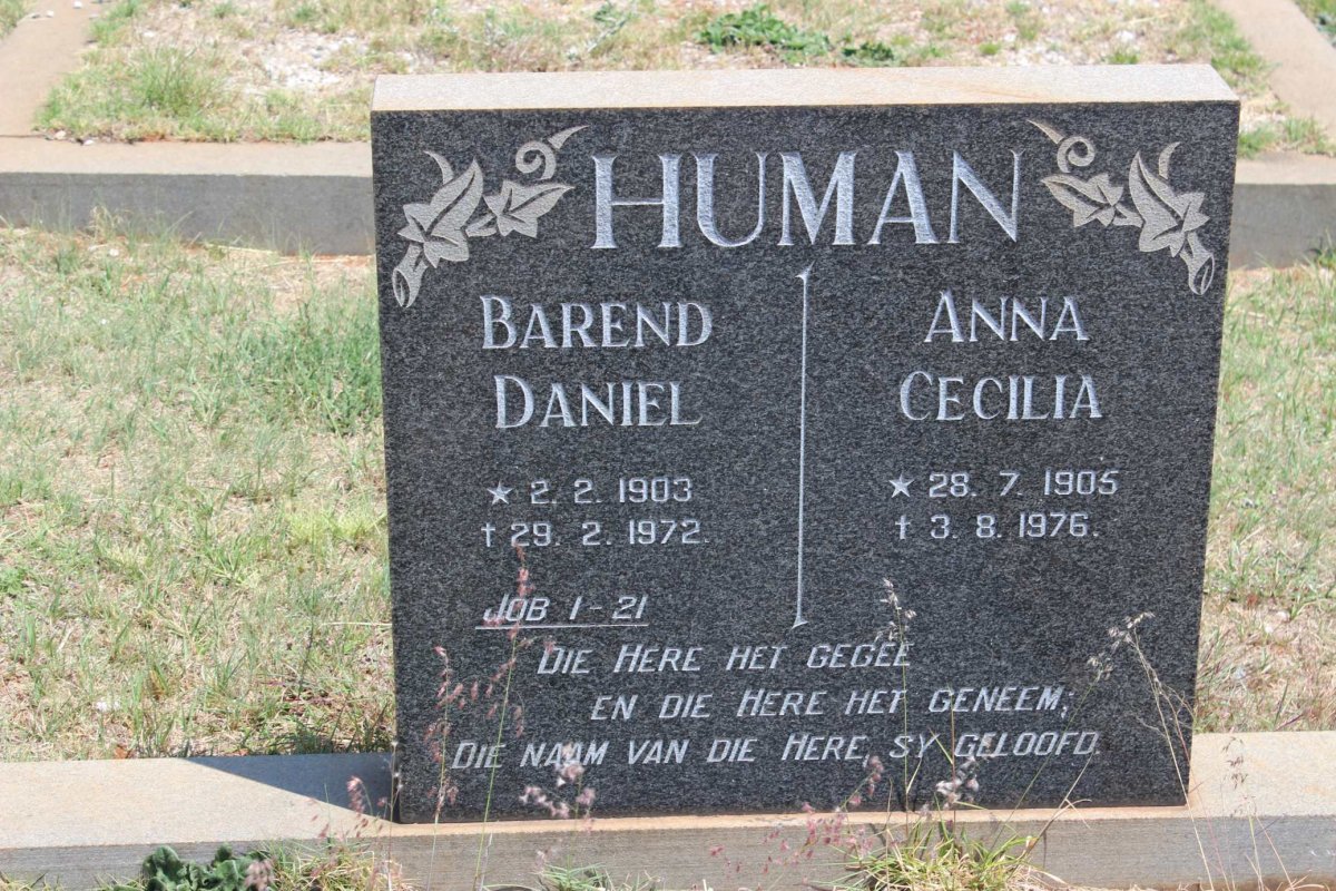 HUMAN Barend Daniel 1903-1972 &amp; Anna Cecilia 1905-1976