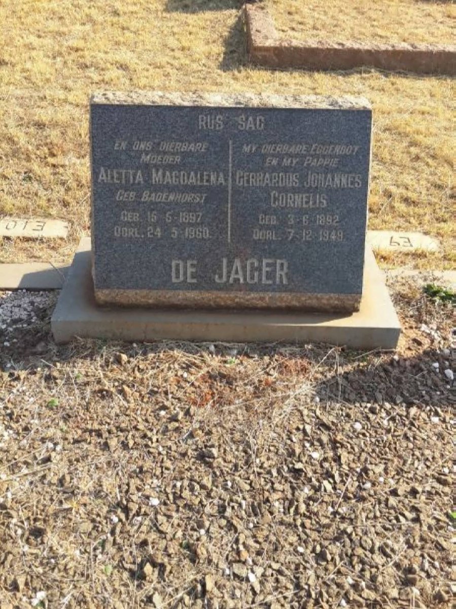 JAGER Gerhardus Johannes Cornelis, de 1892-1949 &amp; Aletta Magdalena BADENHORST 1897-1960
