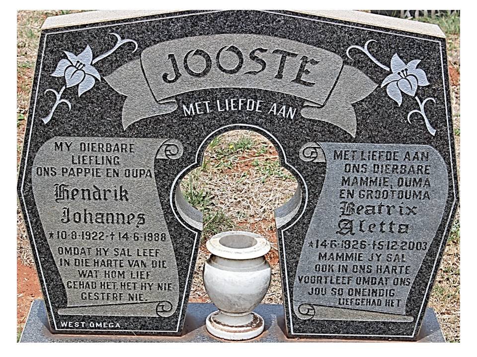 JOOSTE Hendrik Johannes 1922-1988 &amp; Beatrix Aletta 1926-2003