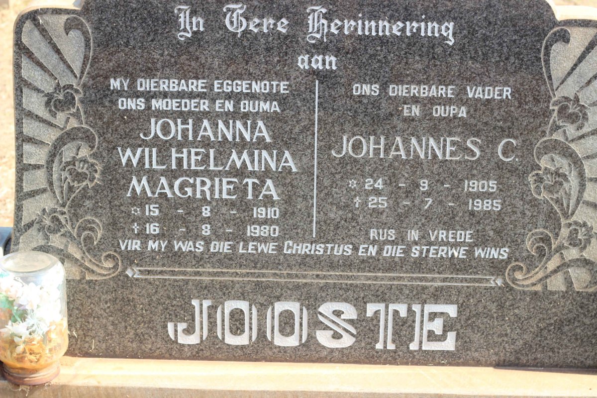JOOSTE Johannes C. 1905-1985 &amp; Johanna Wilhelmina Magrieta 1910-1980