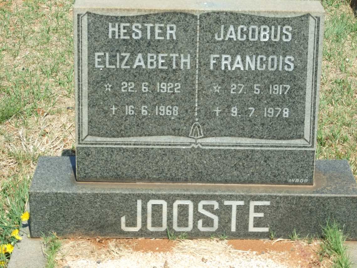 JOOSTE Jacobus Francois 1917-1978 &amp; Hester Elizabeth 1922-1968