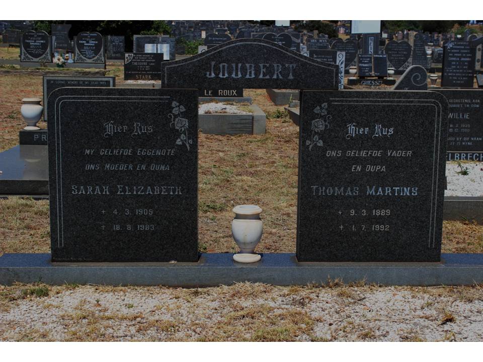 JOUBERT Thomas Martinus 1889-1992 &amp; Sarah Elizabeth 1905-1983