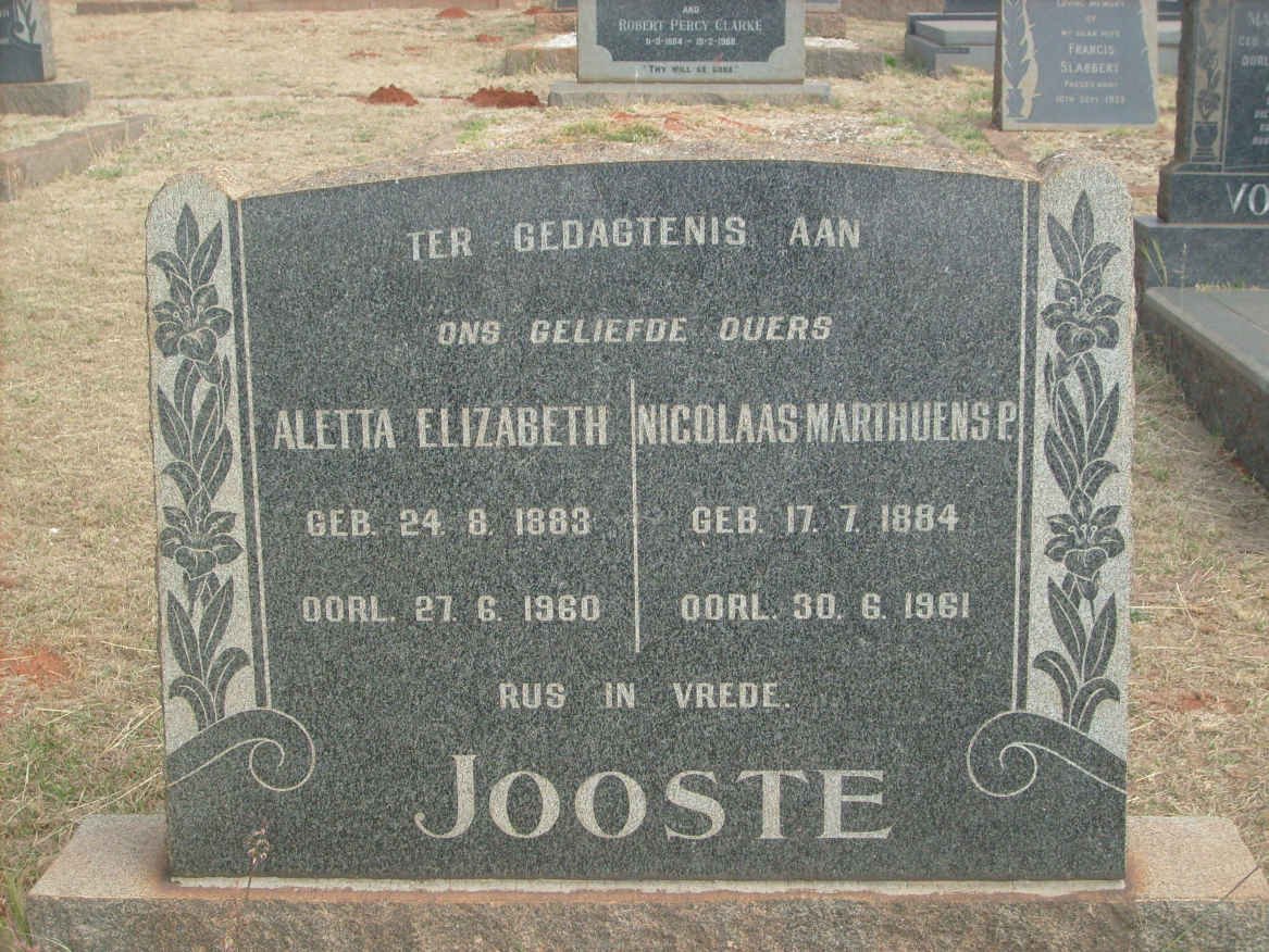 JOOSTE Nicolaas Marthuens P. 1884-1961 &amp; Aletta Elizabeth 1883-1960