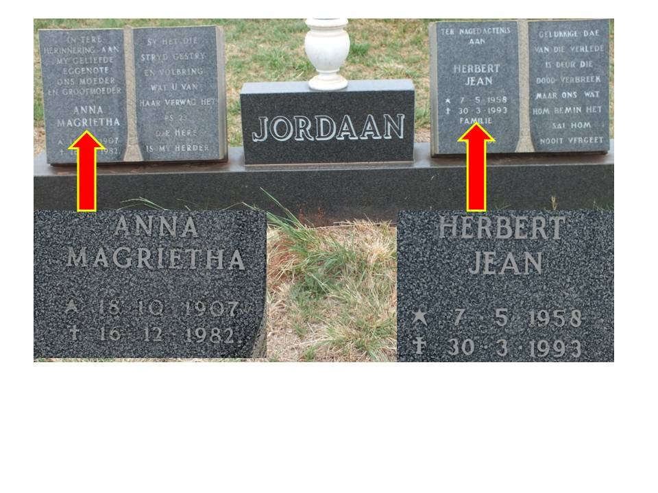 JORDAAN Anna Magrietha 1907-1982 :: JORDAAN Herbert Jean 1958-1993