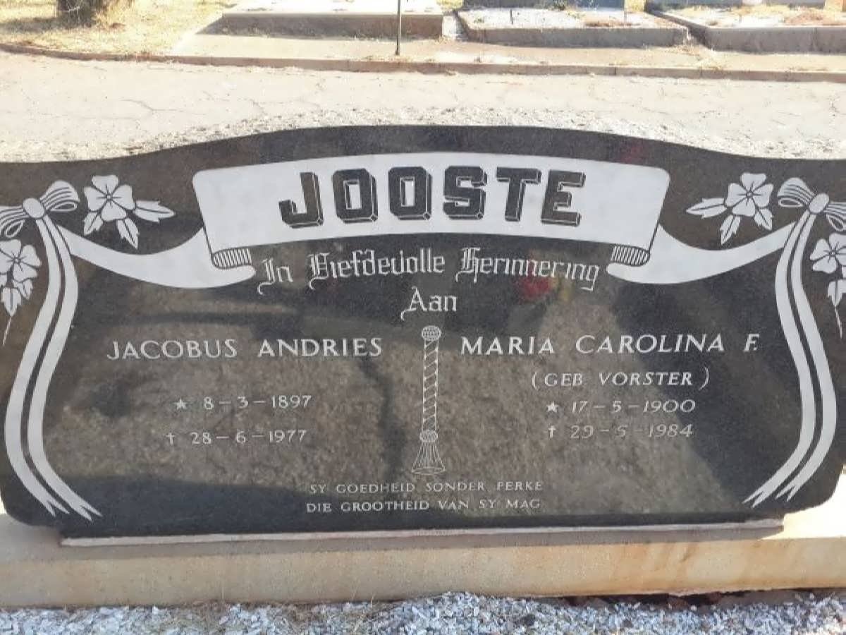 JOOSTE Jacobus Andries 1897-1977 &amp; Maria Carolina F. VORSTER 1900-1984