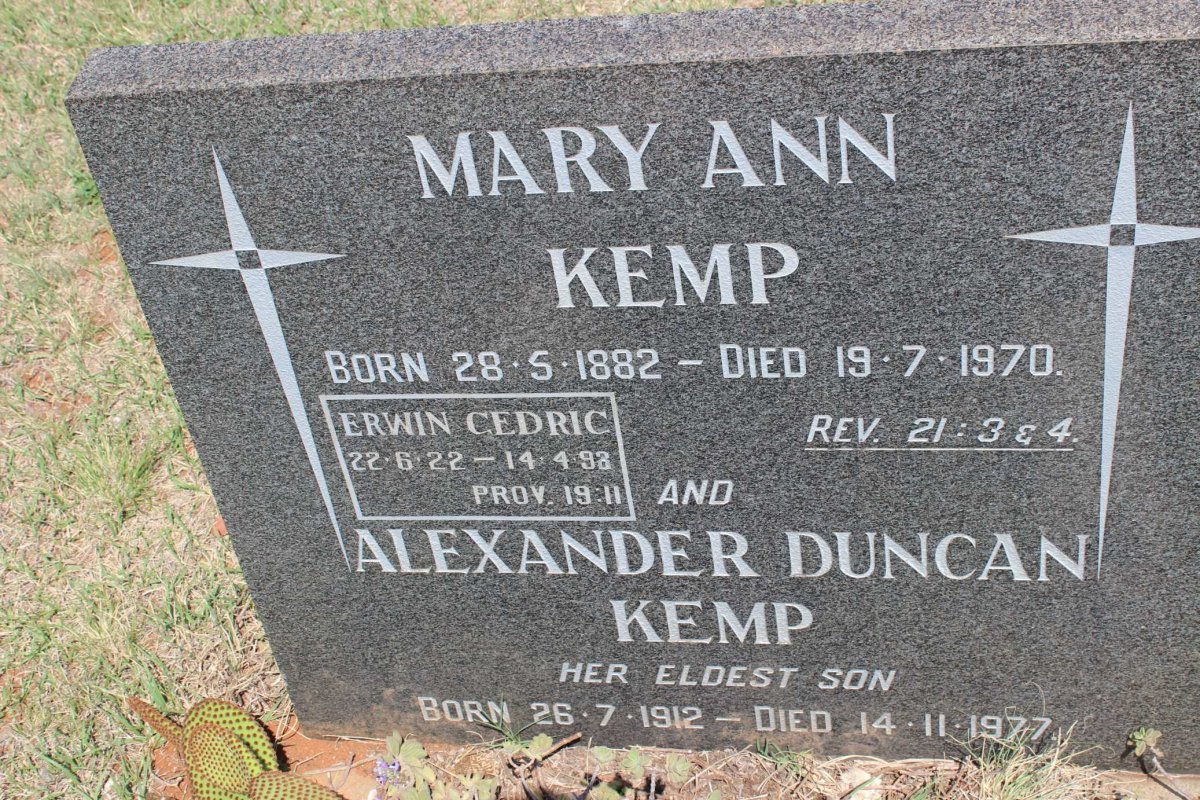 KEMP Mary Ann 1882-1970 :: KEMP Alexander Duncan 1912-1977 :: KEMP Erwin Cedric 1922-199?
