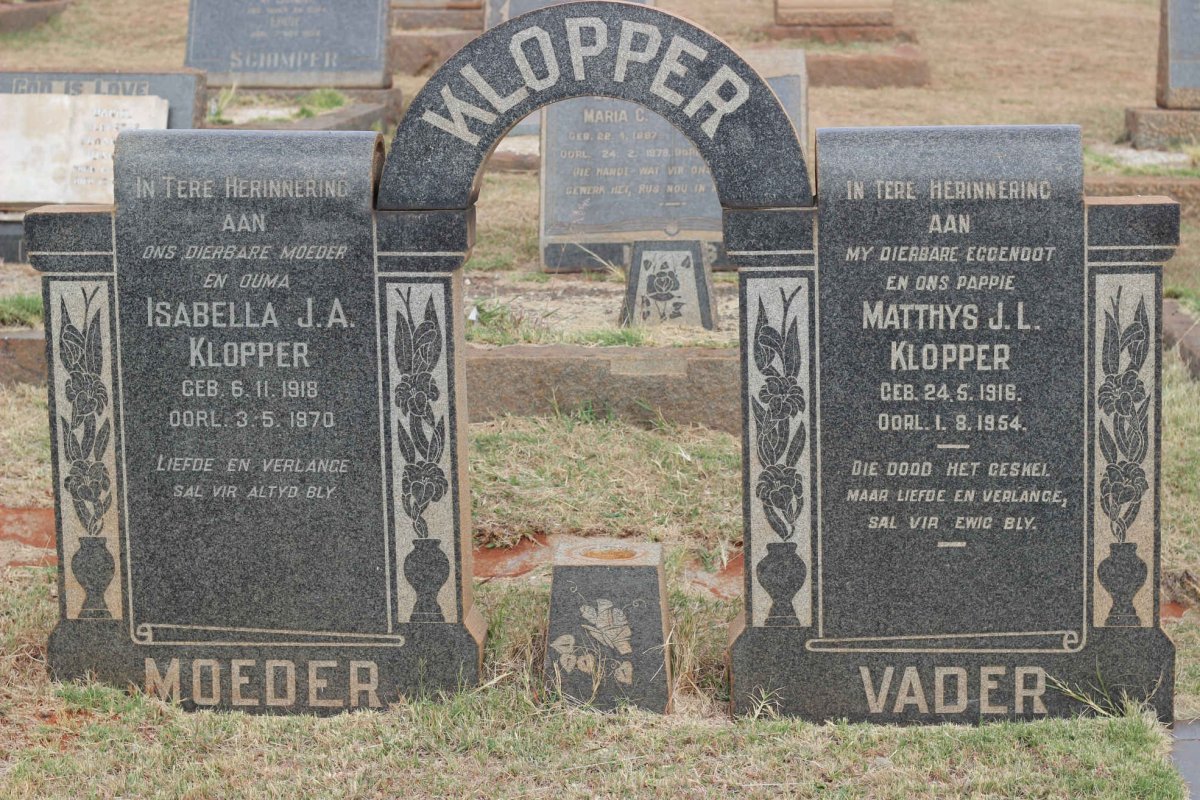 KLOPPER Matthys J.L. 1916-1954 &amp; Isabella J.A. 1918-1970