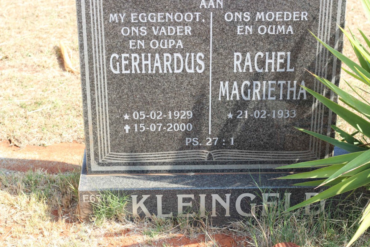 KLEINGELD Gerhardus 1929-2000 &amp; Rachel Magrietha 1933-
