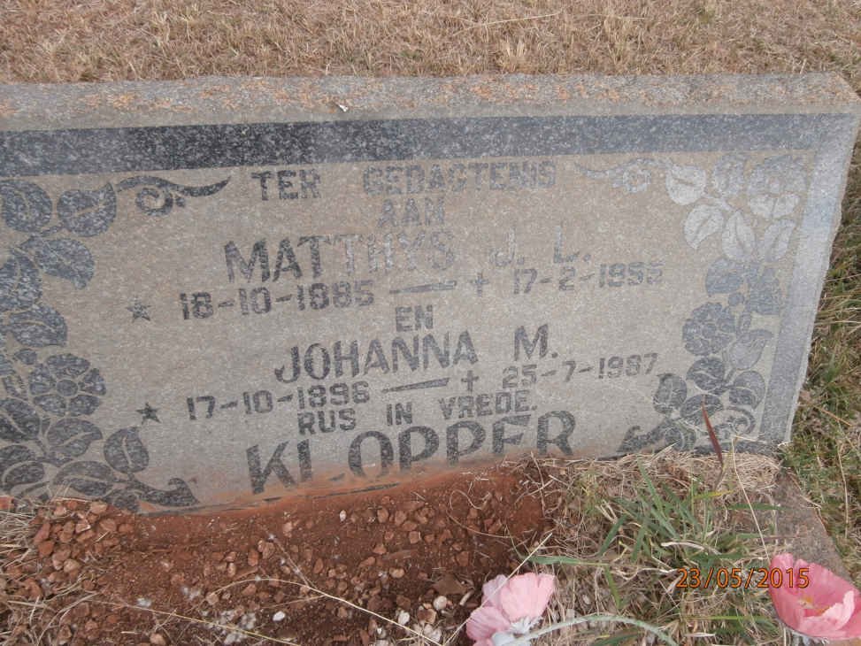 KLOPPER Matthys J.L. 1885-1955 &amp; Johanna M. 1896-1987