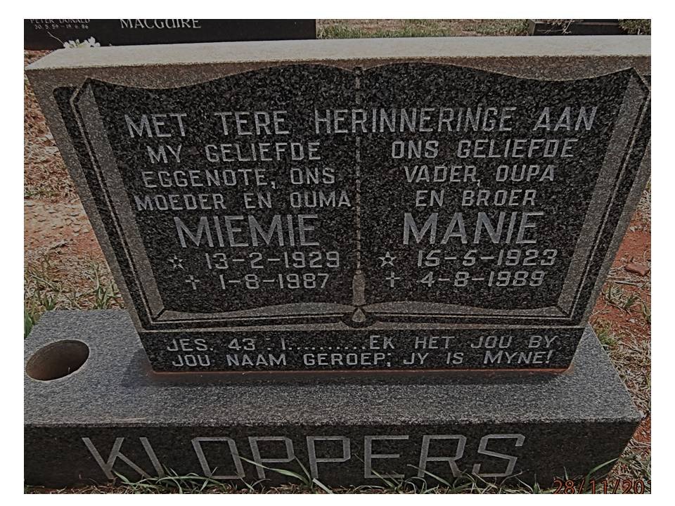 KLOPPERS Manie 1923-1989 &amp; Miemie 1929-1987