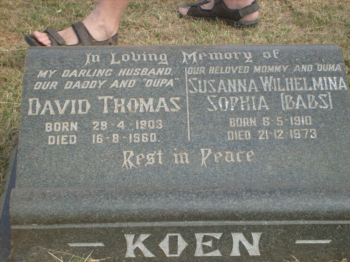 KOEN David Thomas 1903-1960 &amp; Susanna Wilhelmina Sophia 1910-1973