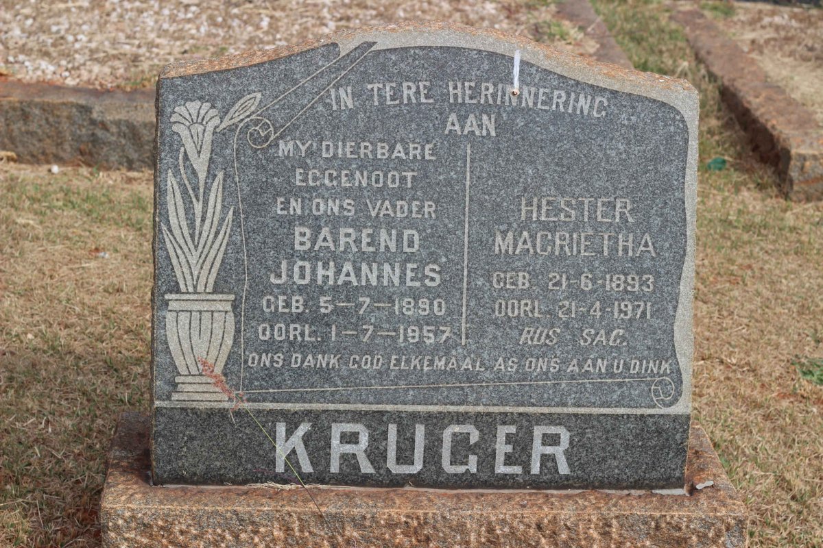KRUGER Barend Johannes 1890-1957 &amp; Hester Magrietha 1893-1971