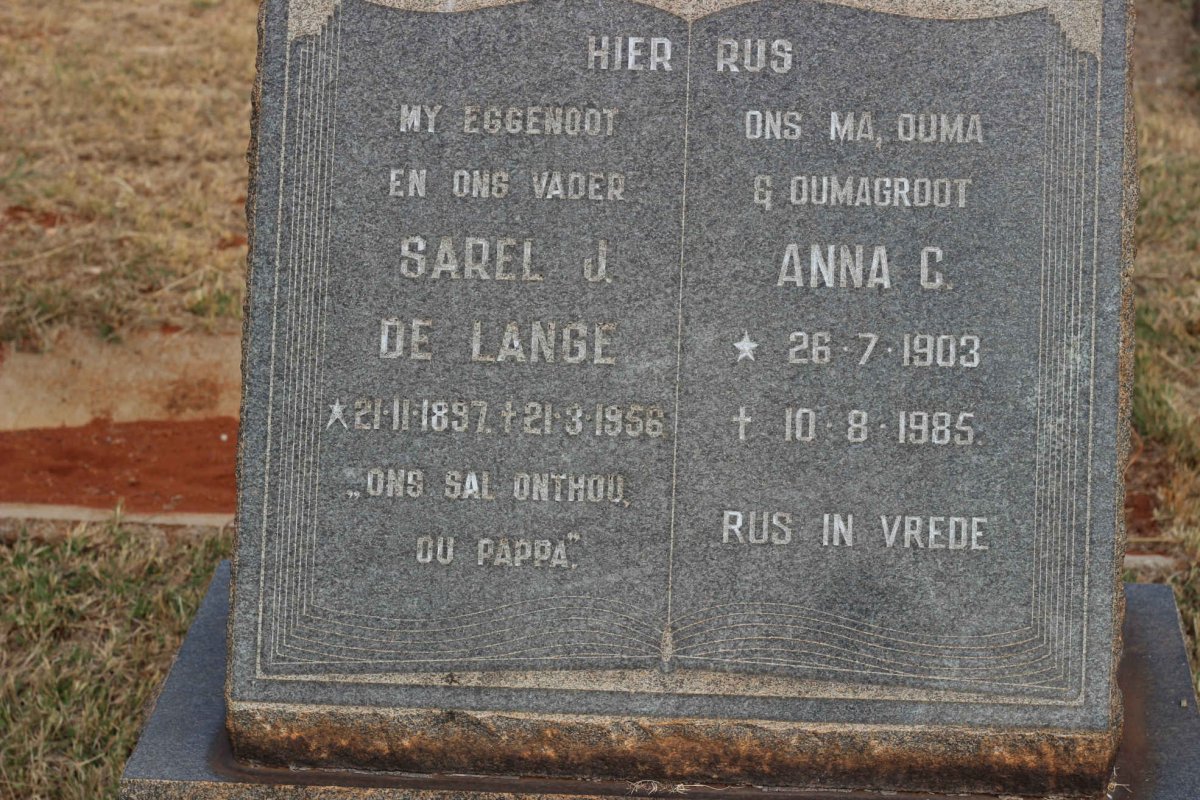 LANGE Sarel J., de 1897-1956 &amp; Anna C. 1903-1985