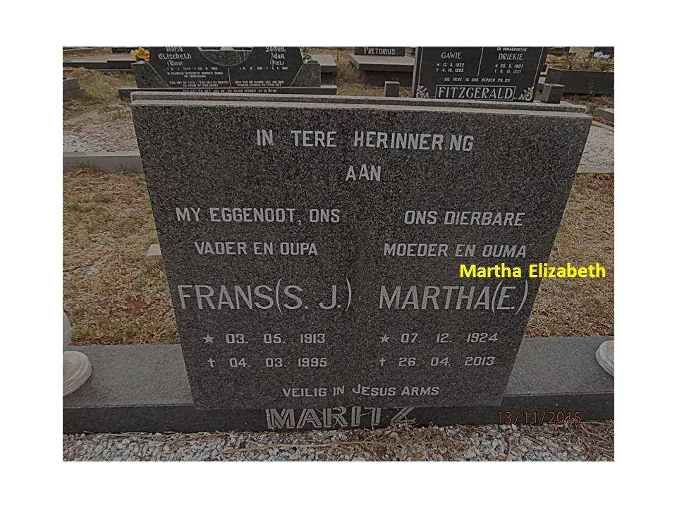 MARITZ Frans S.J. 1913-1995 &amp; Martha Elizabeth 1924-2013