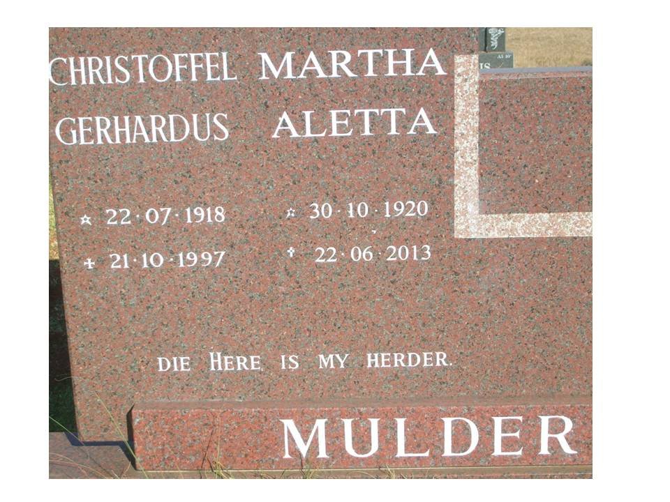 MULDER Christoffel Gerhardus 1918-1997 &amp; Martha Aletta 1920-2013