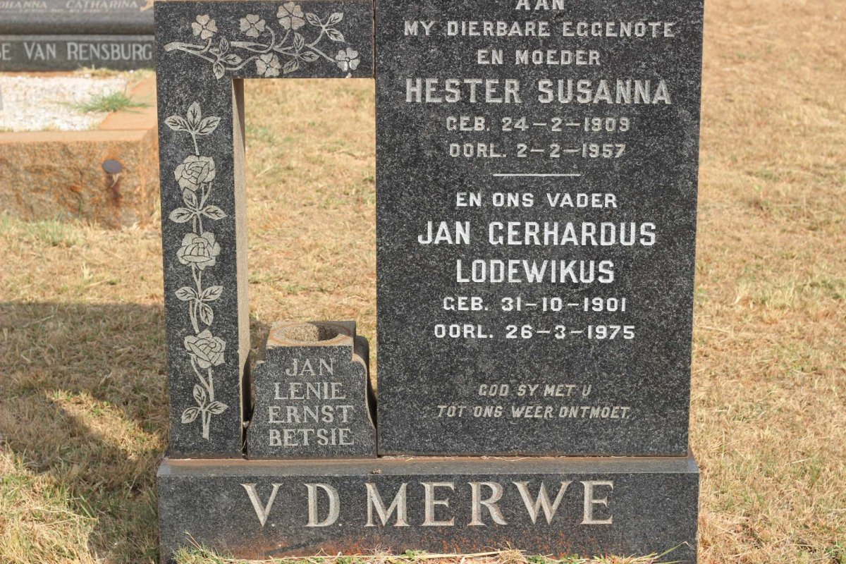 MERWE Jan Gerhardus Lodewikus, v.d. 1901-1975 &amp; Hester Susanna 1909-1957