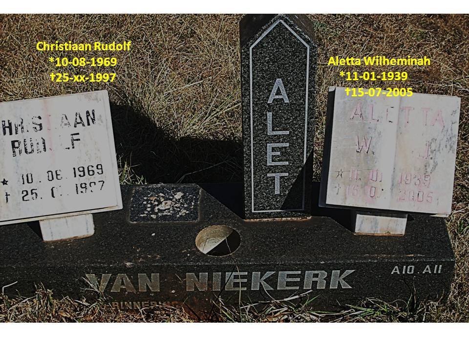NIEKERK Aletta Wilhelmina, van 1939-2005 :: VAN NIEKERK Christiaan Rudolf 1969-1997