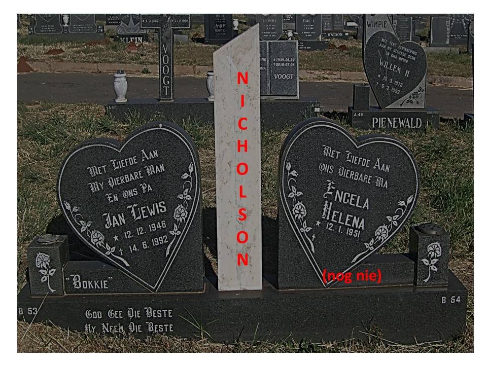 NICHOLSON Jan Lewis 1946-1992 &amp; Engela Helena 1951-