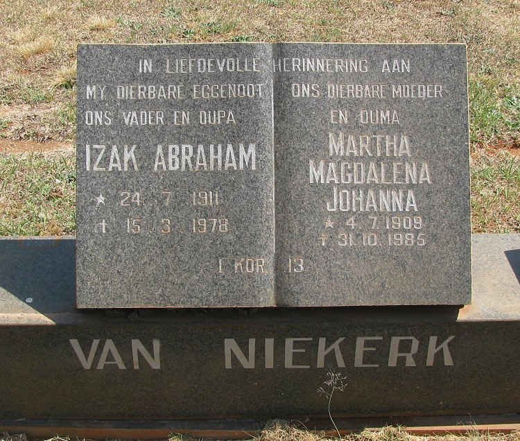 NIEKERK Izak Abraham, van 1911-1978 &amp; Martha Magdalena Johanna 1909-1985