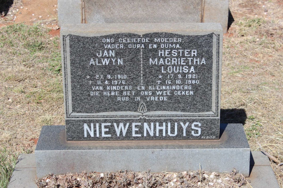 NIEWENHUYS Jan Alwyn 1910-1976 &amp; Hester Magrietha Louisa 1921-1980