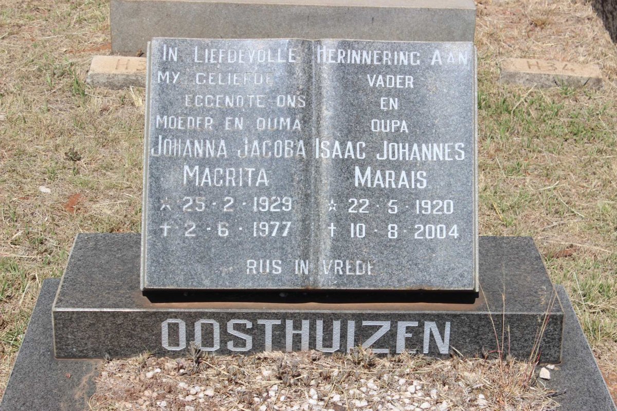 OOSTHUIZEN Isaac Johannes Marais 1920-2004 &amp; Johanna Jacoba Magrita 1929-1977