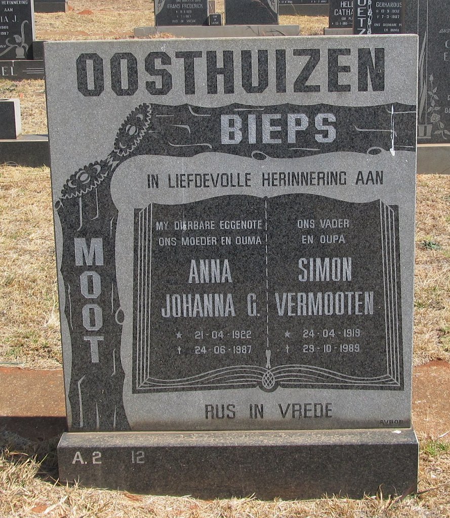 OOSTHUIZEN Simon Vermooten 1919-1989 &amp; Anna Johanna C. 1922-1987