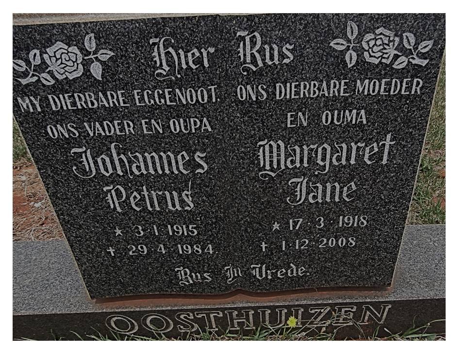 OOSTHUIZEN Johannes Petrus 1915-1984 &amp; Margaret Jane 1918-2008