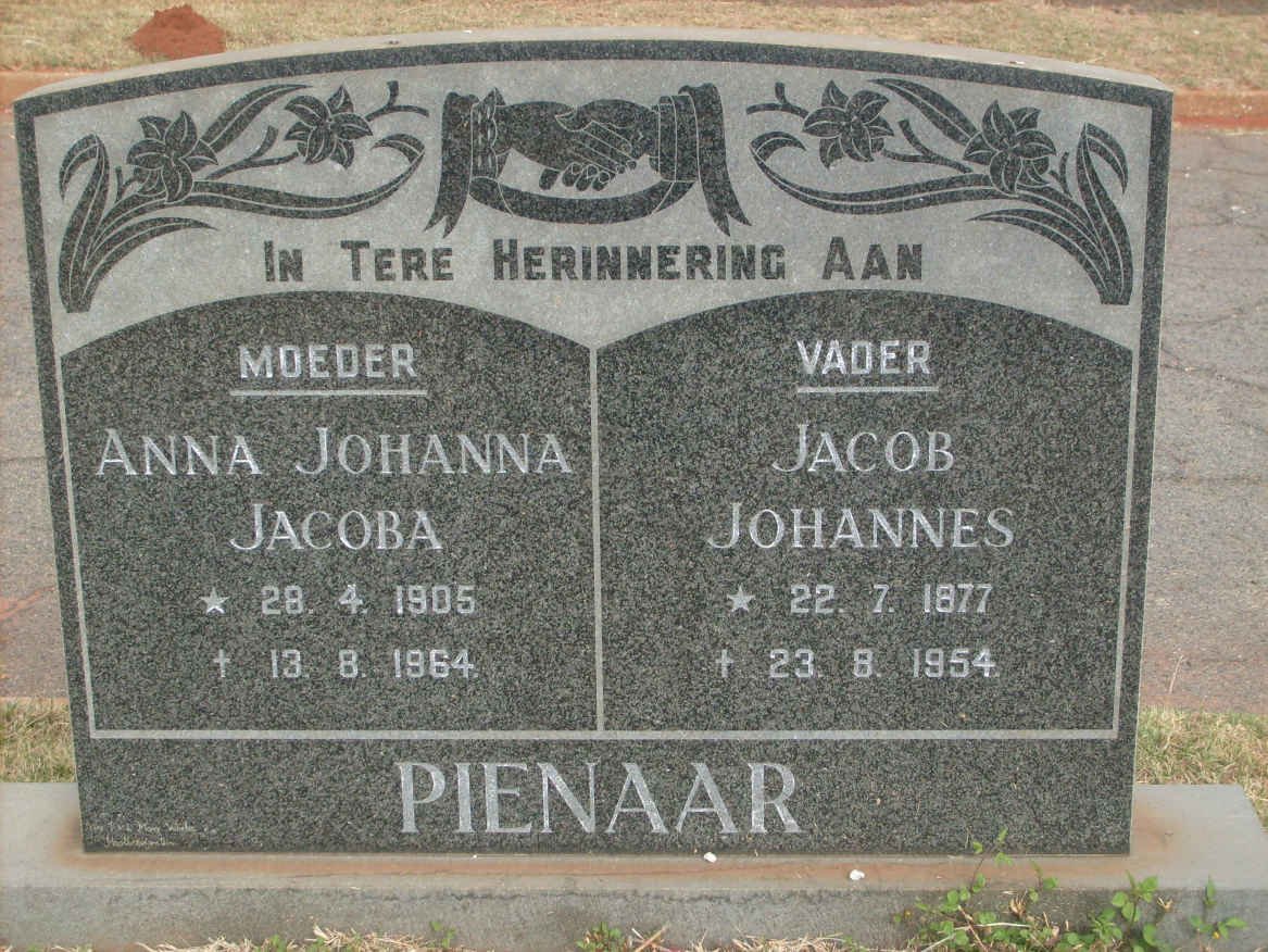 PIENAAR Jacob Johannes 1877-1954 &amp; Anna Johanna Jacoba 1905-1964