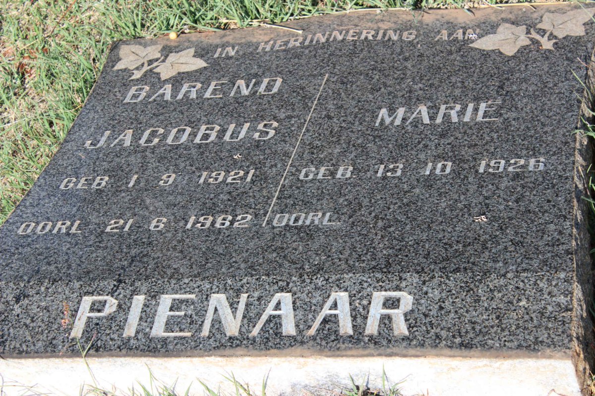 PIENAAR Barend Jacobus 1921-1962 &amp; Marie 1926-