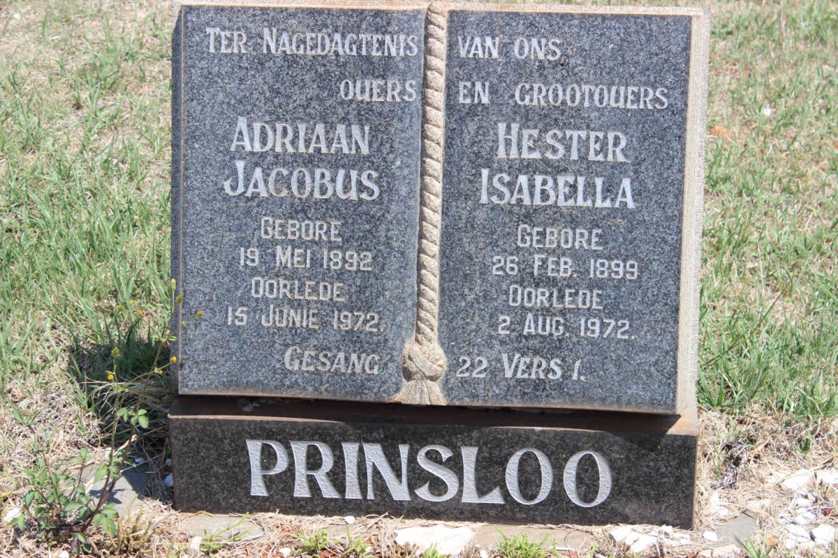 PRINSLOO Adriaan Jacobus 1892-1972 &amp; Hester Isabella 1899-1972
