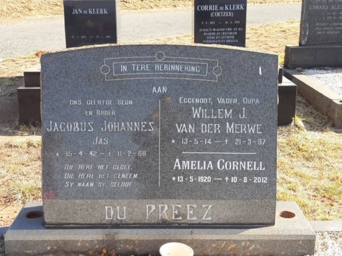 PREEZ Willem J. van der Merwe, du 1914-2007 &amp; Amelia Cornell 1920-2012 :: DU PREEZ Jacobus Johannes 1942-1968