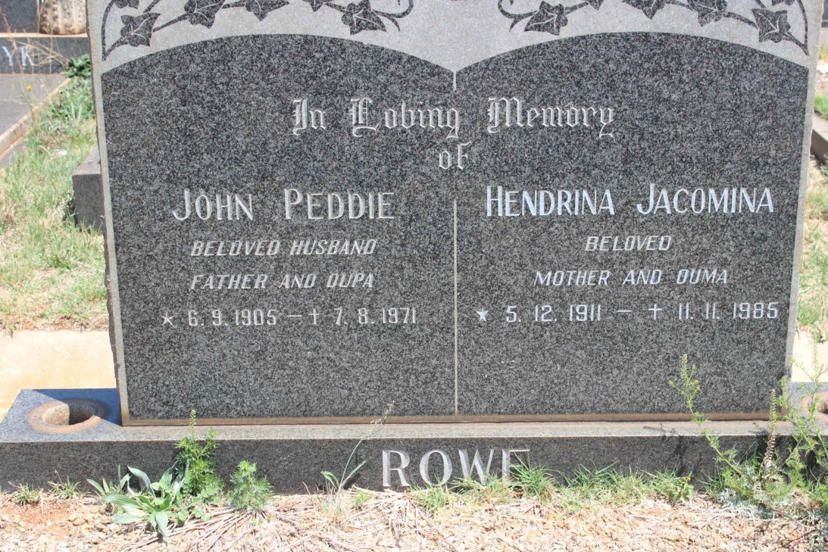 ROWE John Peddie 1905-1971 &amp; Hendrina Jacomina 1911-1985